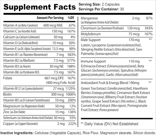 Miniatura 2 de Suplemento multivitamínico para hombres para energía, concentración y rendimiento. Vitaminas A, C, D, E y B12, zinc, calcio, magnesio y más. Multi