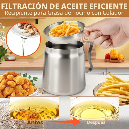Miniatura 8 de Recipiente de Filtro de Aceite de 2L para Guardar Grasa de Tocino con Colador, Recipiente de Grasa de Tocino de Acero para Verter de 68oz de Gran