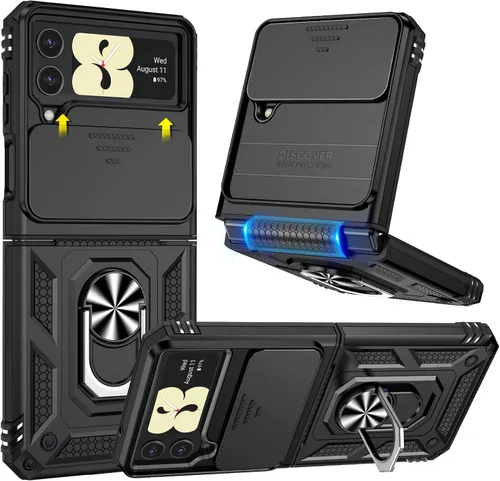 Goton Funda para Samsung Z Flip 4, Galaxy Z Flip 4 con cubierta de cámara, [protección de bisagra] y anillo de soporte de 360° grado militar a