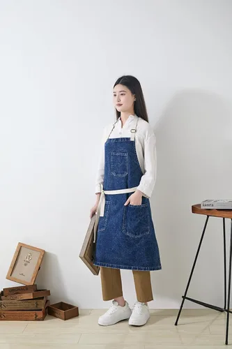 Miniatura 4 de Delantal Tobyan de Mezclilla de Algodón Suave - Delantal Unisex Ajustable con Babero de 5 Bolsillos Perfecto para Cocinas ZD-azul