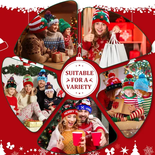 Miniatura 5 de Vicenpal Paquete de 15 gorros de Navidad con luces LED, gorro de punto con luz de Navidad, gorro de suéter de Navidad, suministros de fiesta