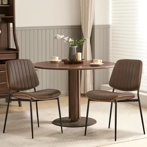 Juego de 2 sillas de comedor tapizadas modernas de mediados de siglo con respaldo de nogal, sillas laterales de piel sintética con acento retro con