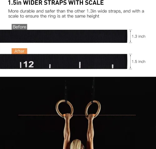 Miniatura 2 de PACEARTH Anillos olímpicos de madera para gimnasia de 1500/1000 libras con hebilla de leva ajustable de 14.76 pies/9 pies de largo, correas