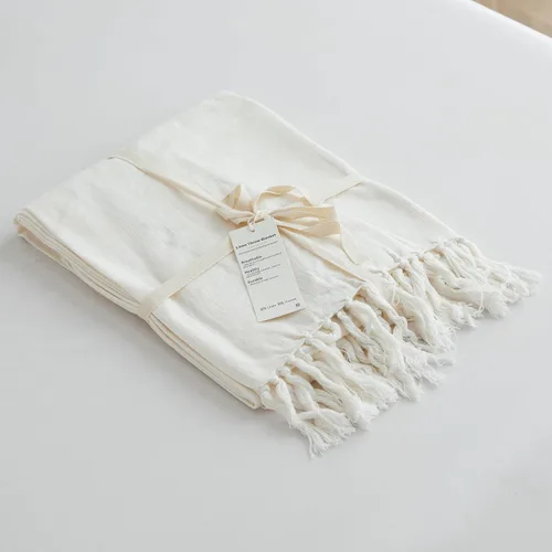 Simple&Opulence Manta de lino bohemio con flecos para cama, sofá, 50 x 70 pulgadas, manta tejida decorativa vintage prelavada con borlas, Marfil