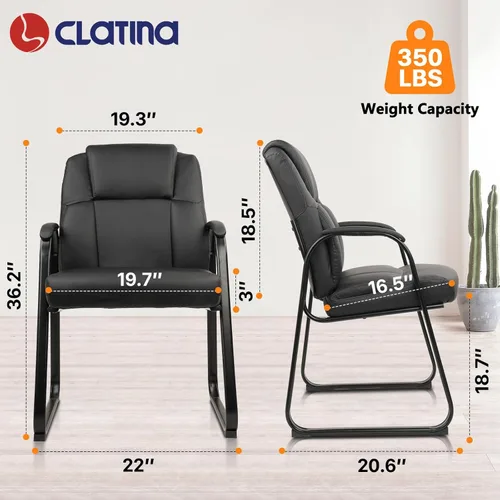 Miniatura 3 de CLATINA Silla de recepción de cuero para invitados con base de trineo, sillón estacionario de oficina con reposabrazos acolchados para reuniones