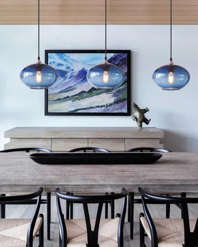 Miniatura 4 de Iluminación Colgante para Isla de Cocina de Cristal Azul Moderno Lámpara Colgante con Burbujas Texturizadas Sobre Fregadero 9.4 Pulgadas de Diámetro