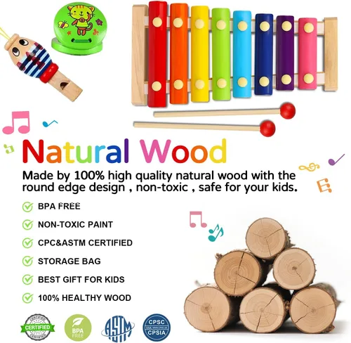 Miniatura 3 de Juego de instrumentos musicales para niños, 20 piezas de instrumentos de percusión de madera para bebés y niños con maracas de xilófono pandereta