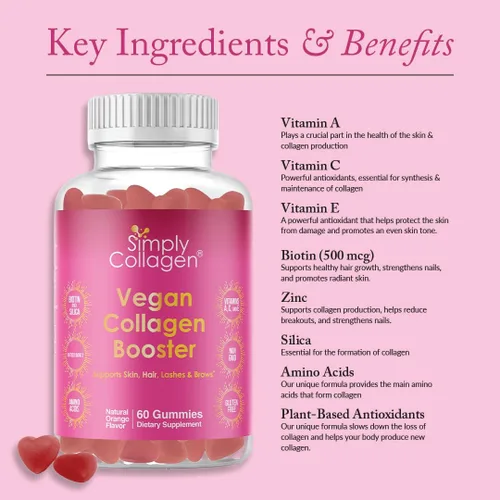 Miniatura 7 de Simply Collagen® Gomitas de colágeno veganas para mujeres y hombres, colágeno a base de plantas con biotina, vitaminas A, C y E, refuerzo