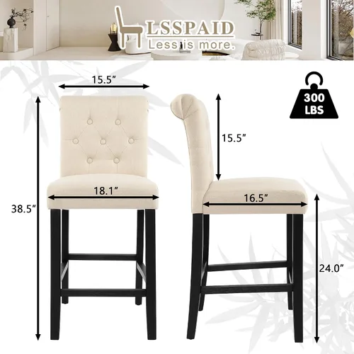 Miniatura 2 de LSSPAID Juego de 2 taburetes de bar de 24 pulgadas de altura, taburetes de bar tapizados de tela acolchada para isla de cocina con respaldo copetudo