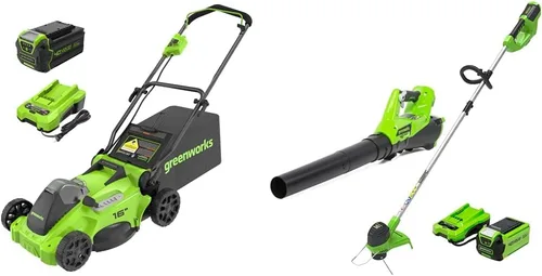 Greenworks Cortacésped inalámbrico TruBrushless™ de 40 V y 16 pulgadas, batería de 4.0 Ah y cargador incluidos y kit combinado de recortadora de
