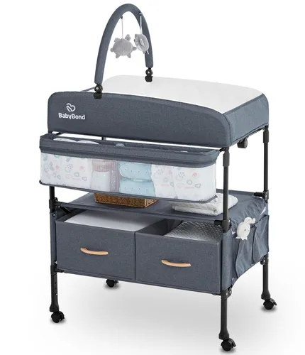 Miniatura 6 de BabyBond Cambiador portátil para bebé con 2 cestas de almacenamiento, cambiador plegable cómoda cambiador de pañales, estación de cambio ajustable