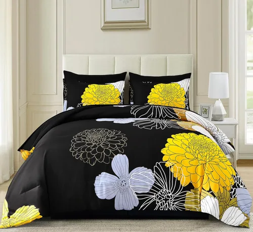 Miniatura 2 de Juego de sábanas Yiran en una bolsa tamaño Queen amarillo y negro, juego de edredón de 7 piezas de microfibra suave floral boho con 1 edredón, 1