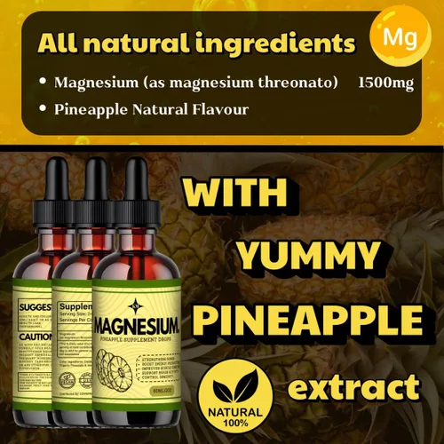 Miniatura 4 de Gotas líquidas de magnesio – Suplemento de magnesio líquido para nutrición diaria, alta absorción, sabor a piña sin azúcar, 2 onzas líquidas