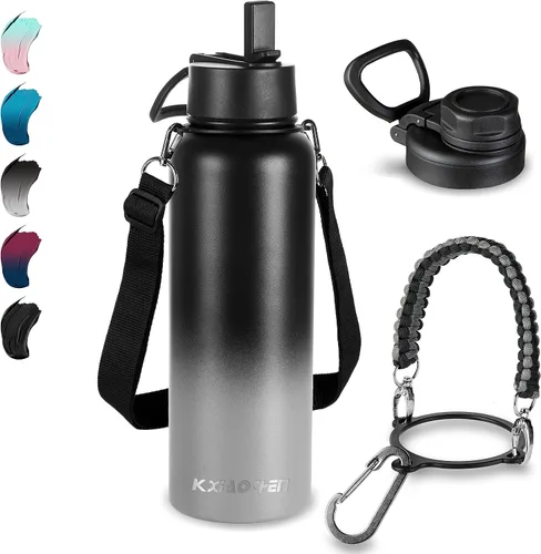 Miniatura 46 de KXIAOCHEN Botella de agua aislada, botella de agua de acero inoxidable, 2 tapas (con pajilla y tapa con asa), botellas de agua metálicas de boca