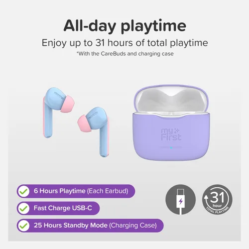 Miniatura 7 de myFirst Carebuds Auriculares para Niños - Auriculares Inalámbricos Bluetooth Verdaderos con Límite de Volumen de 85db, Micrófono, Estuche de Carga