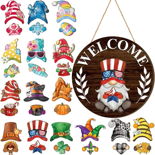 Miniatura 33 de Qunclay 31 piezas 3D de grano natural intercambiable de madera gnomo para puerta, decoraciones navideñas de gnomo con piezas magnéticas y sombreros