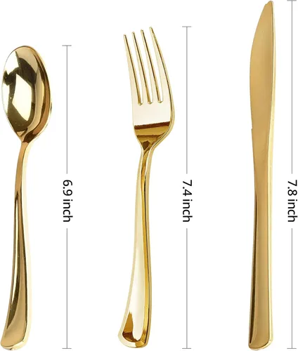 Miniatura 2 de FORKED - Cuchillos desechables de plástico dorado de 50 piezas, cubiertos de alta resistencia, cuchillos de sopa duraderos y desechables