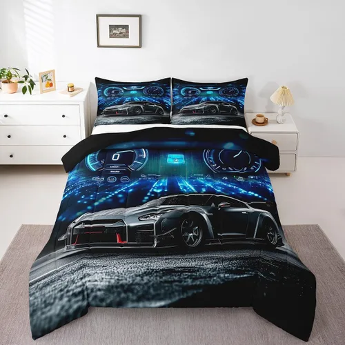 Miniatura 8 de Juego de edredón azul de coche deportivo para niños y hombres, juego de ropa de cama de auto de carreras de graffiti tamaño individual, edredón