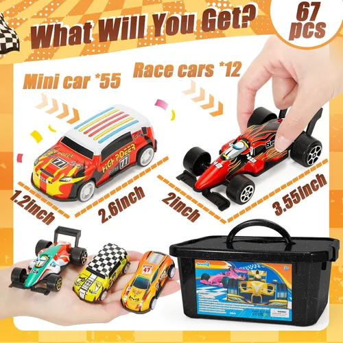 Miniatura 3 de SevenQ Coches de juguete para niños con caja de almacenamiento, 67 unidades de autos de carreras a granel, juguetes de caja del tesoro para el aula