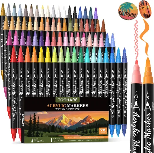 TOSHARE Marcadores de pintura acrílica de 72 colores, pincel y bolígrafos de pintura acrílica de doble punta fina para rocas, madera, papel, tela,