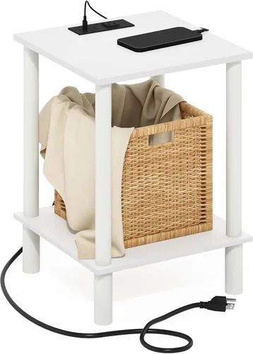 Miniatura 9 de Furinno Turn-N-Tube - Mesa auxiliar cuadrada de 2 niveles con estación de carga, mesita de noche, mesita de noche con puerto USB y tipo C, para sala