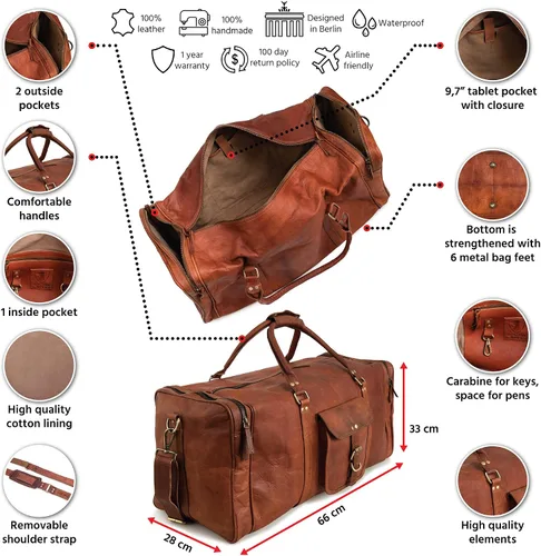Miniatura 2 de Berliner Bags Bolsa de lona de cuero vintage New York para viajes o el gimnasio, bolsa de noche para hombres y mujeres, Marrón XXL, Vintage