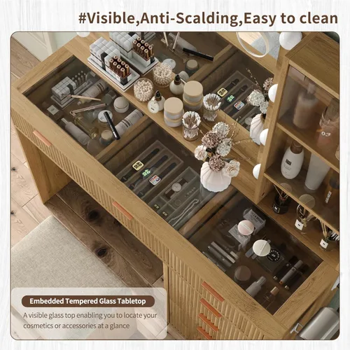 Miniatura 8 de Yanosaku Tocador estriado de 47 pulgadas con espejo y luces LED, tocador de maquillaje de 7 cajones con superficie de vidrio y gabinete, tocador