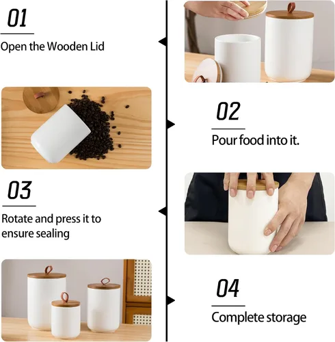 Miniatura 4 de Juego de recipientes blancos para cocina, 3 recipientes de cerámica con tapa de madera hermética, tarro de almacenamiento de alimentos, recipientes