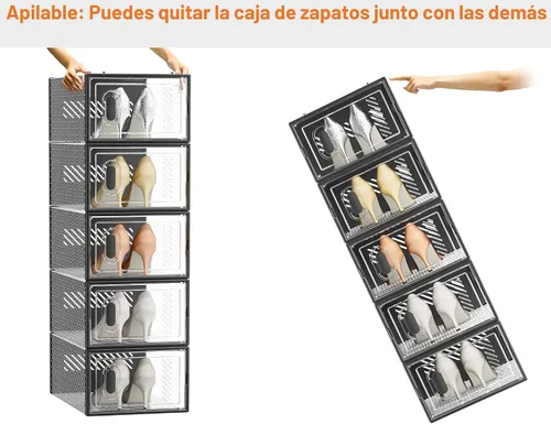 Miniatura 6 de SIMPDIY Almacenamiento de zapatos, paquete de 12 organizadores de zapatos para armario, cajas de zapatos apilables de plástico transparente con Negro