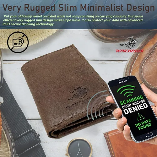 Miniatura 2 de Winchester Trifold Carteras para hombres de cuero genuino grano completo, delgado minimalista cartera RFID ranura para tarjeta con ventana