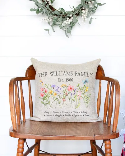 Miniatura 3 de Almohada personalizada con diseño de flores silvestres del jardín de la abuela con nombres de nietos, regalo de apellido familiar, perfecta