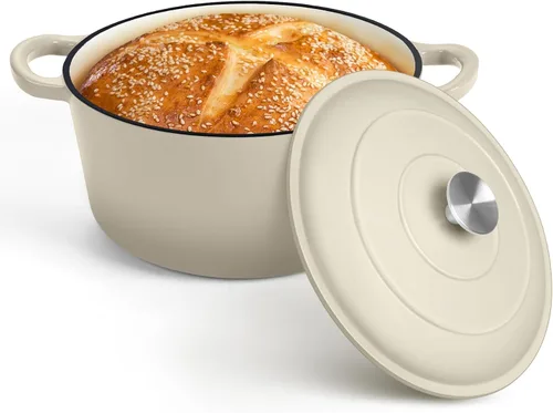 Miniatura 16 de P&P CHEF Horno holandés esmaltado de 5 cuartos de galón, olla holandesa de hierro fundido con tapa para hornear pan, olla esmaltada para asar, Caqui