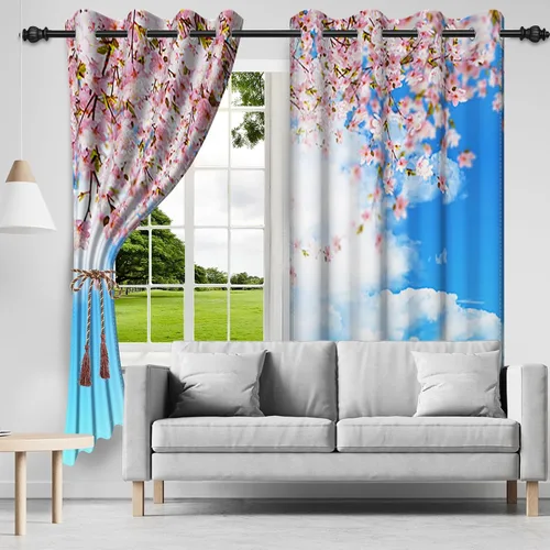 Miniatura 2 de Renaiss Cortinas de ventana con diseño de cerezo Fuji, tratamiento de ventana de cielo azul, flores rosas, cortinas opacas de privacidad para hombre