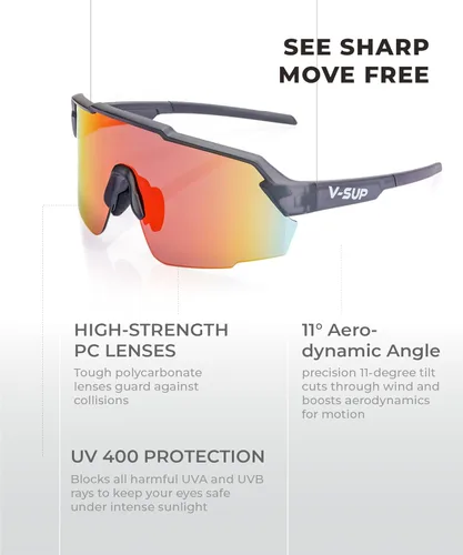 Miniatura 3 de V-SUP TR90 - Gafas de sol de ciclismo con protección UV400, ajustables y ultraligeras con estuche para correr y uso al aire libre Blakc+rojo(4331)