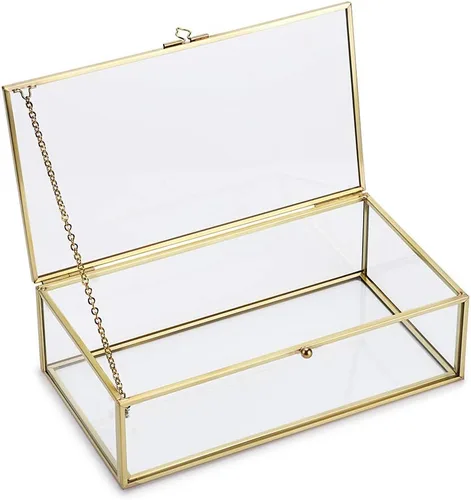 Hipiwe Caja de cristal vintage para recuerdos, caja organizadora rectangular de joyería, caja con tapa de tocador, decoración del hogar, caja