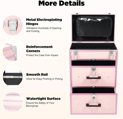 Miniatura 6 de YIYIBYUS Estuche de maquillaje rodante, 3 capas de carritos cosméticos profesionales grandes con cerraduras, estuche de viaje de maquillaje con Rosa