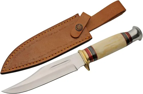 SZCO Full Tang - Cuchillo de caza de 11.5 pulgadas, cuchillo de bolsillo con hoja de acero inoxidable, mango y funda de cuero, cuchillo de