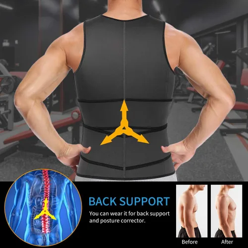 Miniatura 3 de SHAPERIN - Chaleco de neopreno para hombre, faja reductora efecto sauna, estilo camiseta sin mangas con zíper y dos cinturones Gris