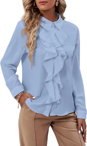Miniatura 24 de LYANER - Blusa de manga larga con cuello de botón y volantes en la parte delantera para mujer