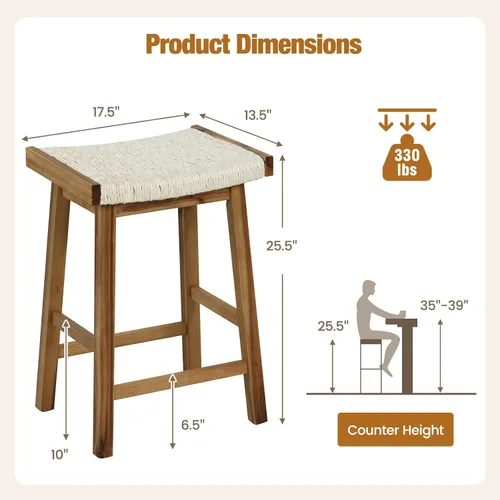 Miniatura 3 de COSTWAY Juego de 2 taburetes de comedor de 25.5 pulgadas de altura de mostrador con asiento tejido de algas marinas, madera de goma, marco de madera