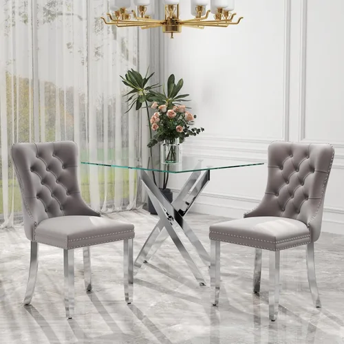Miniatura 13 de Juego de comedor de 3 piezas con superficie de vidrio transparente, juego de comedor cuadrado minimalista moderno de 36'', juego de mesa de cocina