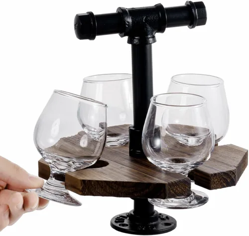 Miniatura 4 de MyGift Bandeja de madera quemada maciza para servir whisky y cerveza con asa de transporte industrial de tubo de metal negro y 4 vasos de cerveza