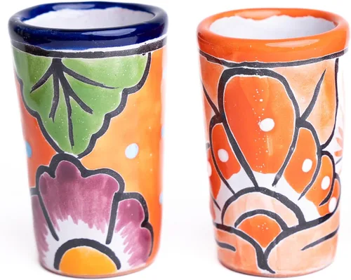 Miniatura 7 de Juego de 4 vasos de chupito Talavera auténticos mexicanos para tequila - Pintados a mano - 2 Oz (Flores naranjas)