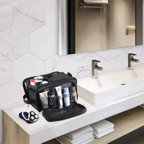 Miniatura 7 de Neceser grande para hombres, organizador de artículos de tocador de viaje de cuero PU, kit Dopp, bolsa de afeitar resistente al agua para artículos