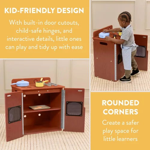 Miniatura 4 de Back2School Express Estufa de cocina para niños – Juego de juguetes de cocina de madera para niños pequeños, juego Montessori con almacenamiento