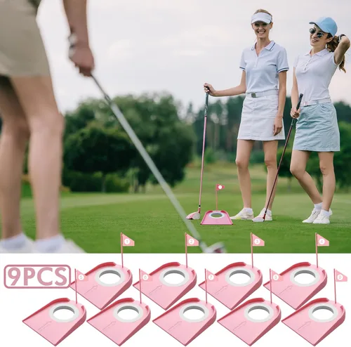 Miniatura 7 de Paquete de 9 tazas de golf con banderas, ayudas de entrenamiento de golf de plástico con recuperador de pelotas de golf, juego de agujeros de Rosado