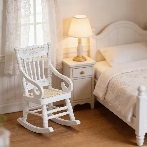 Miniatura 9 de SOIMISS Mecedora de madera blanca en miniatura, asiento de cuerda de cáñamo, escala 1:12, accesorios para muebles de casa de muñecas, decoración