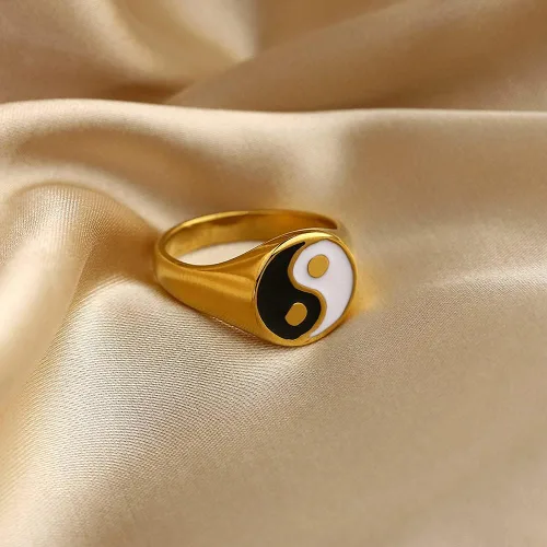 Miniatura 2 de Yin and Yang - Anillo de banda para mujeres, hombres, parejas, hipoalergénico de acero inoxidable chapado en oro de 18 quilates, Tai Chi, equilibrio