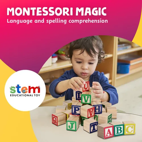 Miniatura 3 de 30 bloques con letras de colores de Skoolzy Juguete de construcción en madera ABC, para bebés, guarderías y preescolar Bloques de madera de lectura