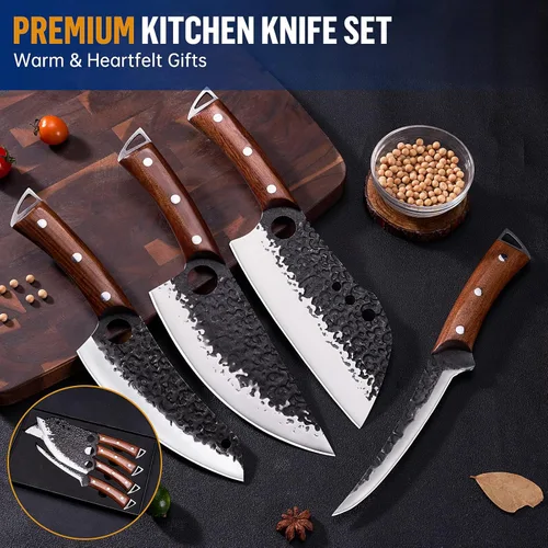 Miniatura 4 de Juego de Cuchillos de Carnicero, KITNATS 4PCS Juego de cuchillos de cocina forjados a mano - Cuchillo de carnicero y cuchillos de chef serbios